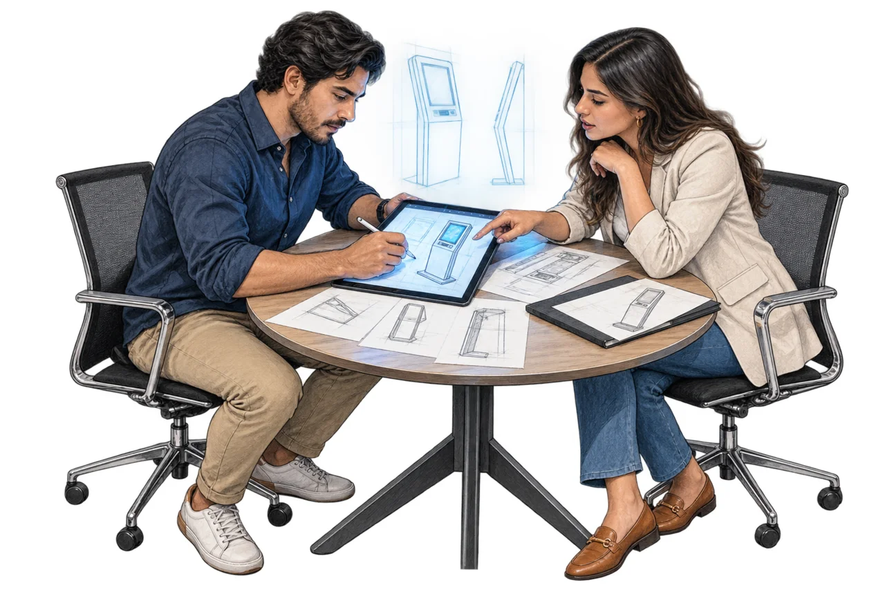 Diseñador y cliente definiendo un kiosco sobre una tableta