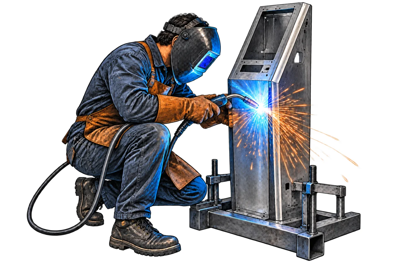 Técnico soldando la estructura metálica de un kiosco
